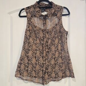 Rachael & Chloe Sheer Floral Lace Button Up Tank Top - Gold/Brown - Size Medium